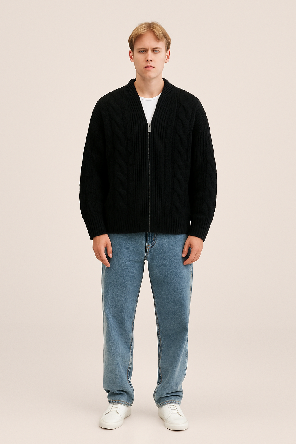 Luca Herren Strickjacke – Oversize mit Zopfmuster und Reissverschluss