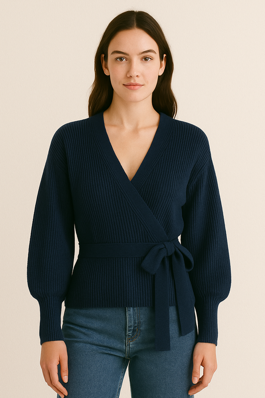 Elara Damen Wickel-Pullover – Eleganter Strick in Tiefblau